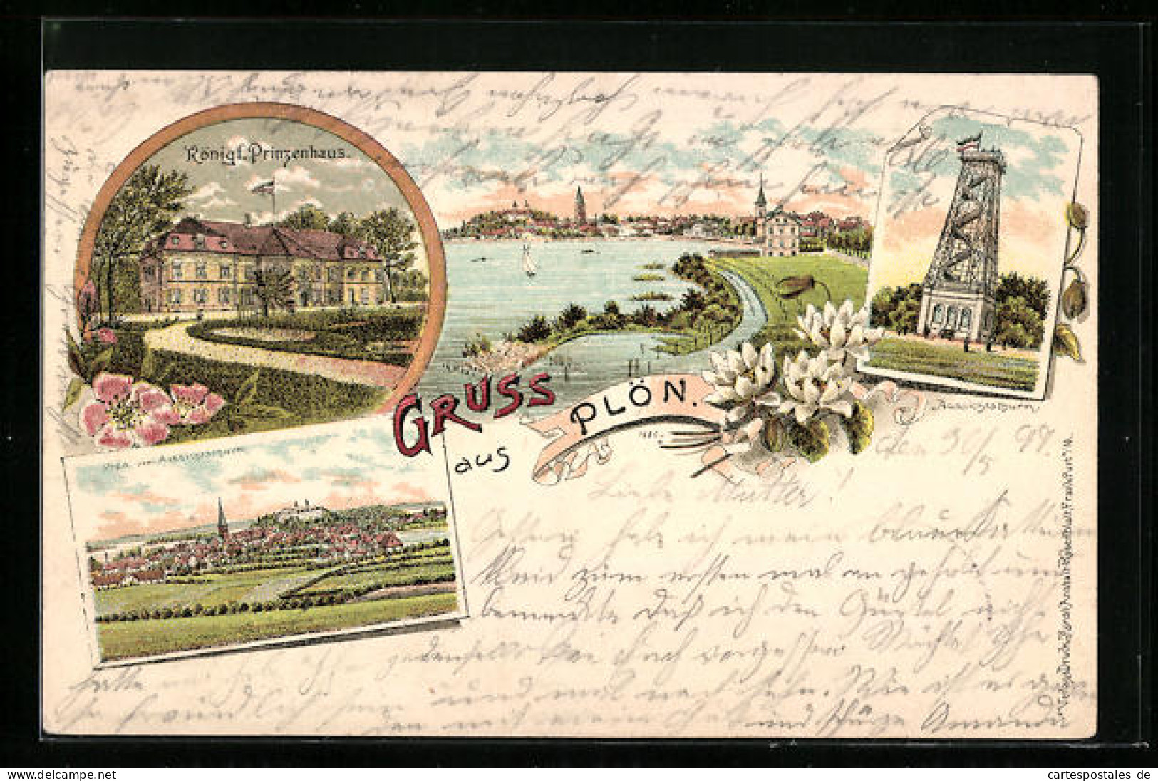 Lithographie Plön, Teilansicht, Aussichtsturm, Königliches Prinzenhaus