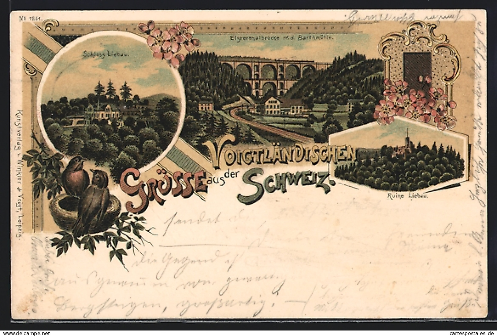 Lithographie Pöhl, Schloss Liebau, Elsterthalbrücke, RuineLiebau