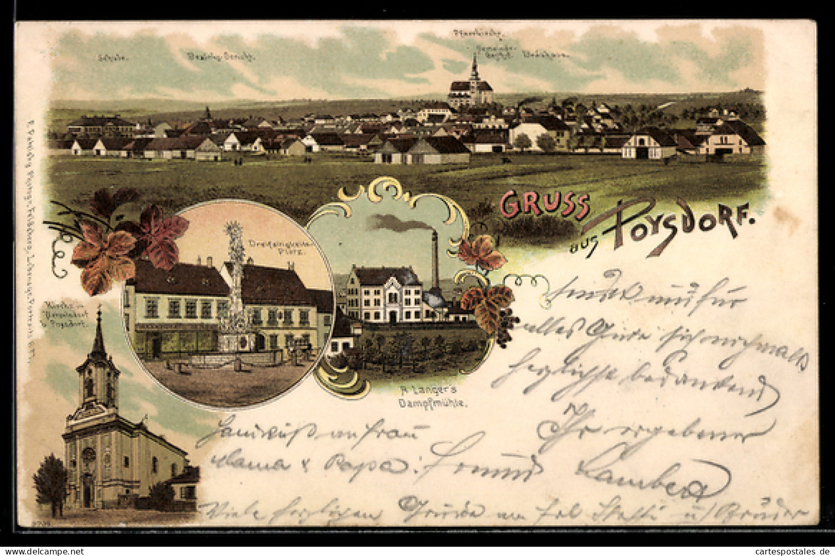 Lithographie Poysdorf, Blick zum Ort, A. Langer's Dampfmühle, Dreifaltigkeitsplatz