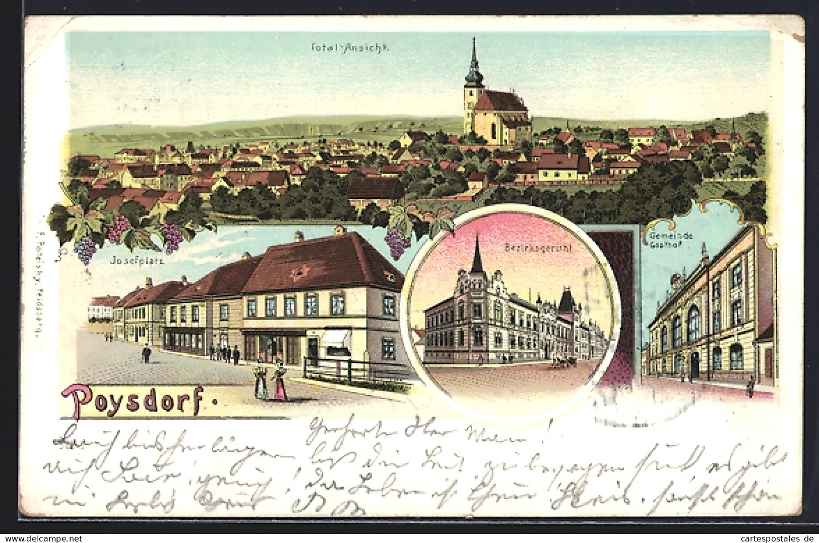 Lithographie Poysdorf, Gemeinde-Gasthof, Bezirksgericht, Josefplatz