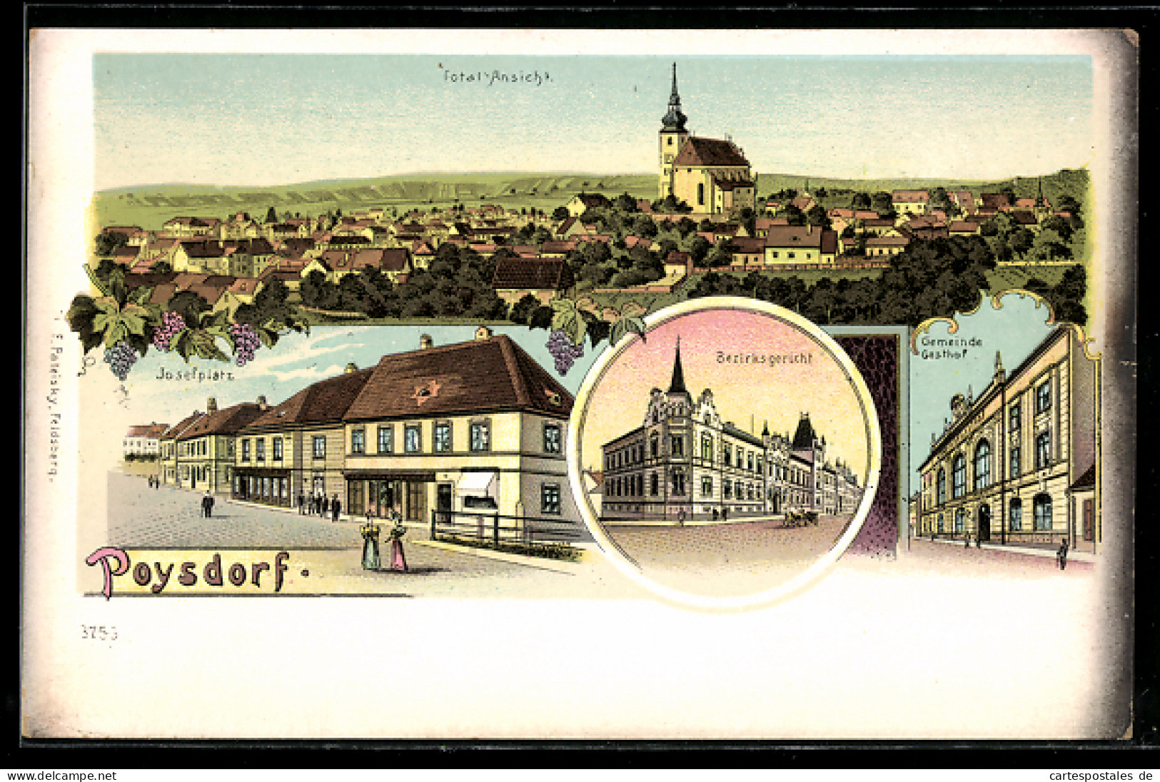 Lithographie Poysdorf, Gemeinde-Gasthof, Bezirksgericht, Josefplatz