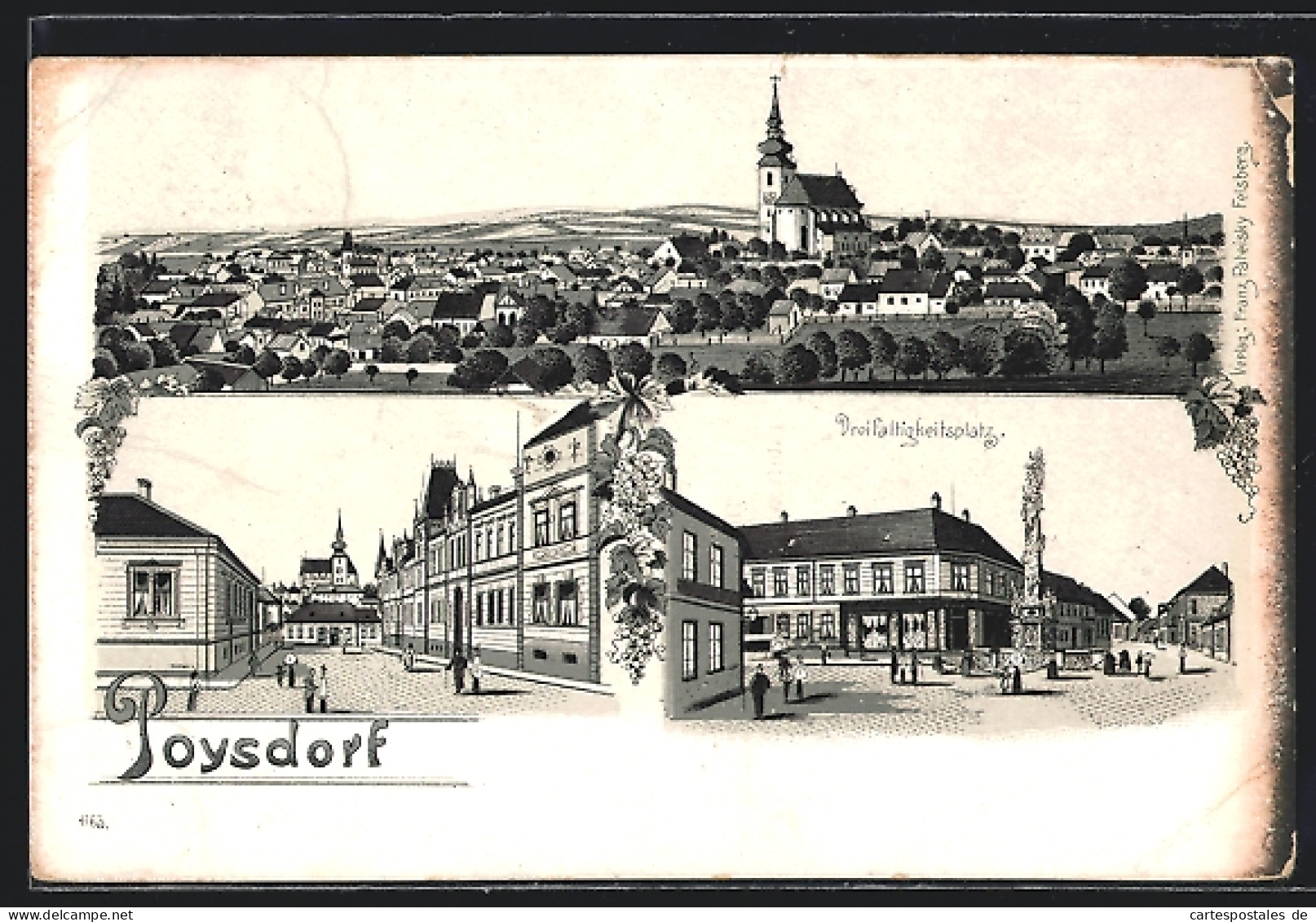 Lithographie Poysdorf, Teilansicht, Strassenpartie mit Gebäudeansicht, Dreifaltigkeitsplatz