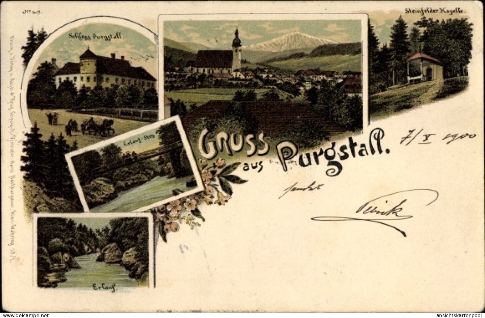 Lithographie Purgstall an der Erlauf in Niederösterreich, Schloss, Steinfelder Kapelle, Erlauf mit Steg