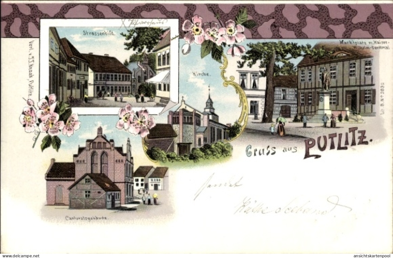 Lithographie Putlitz in der Prignitz, Marktplatz, Kaiser Wilhelm Denkmal, Kirche, Kantoratsgebäude, Straße