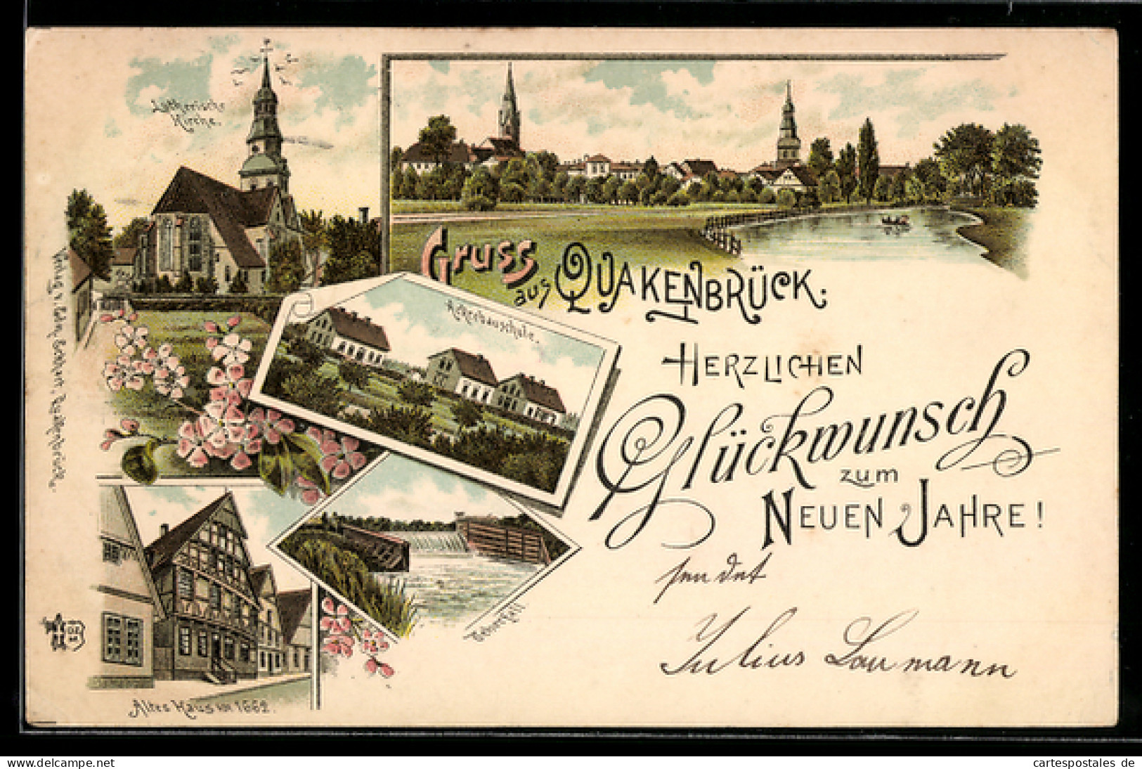 Lithographie Quakenbrück, Teilansicht mit Lutherischer Kirche, Altes Haus von 1662, Ackerbauschule