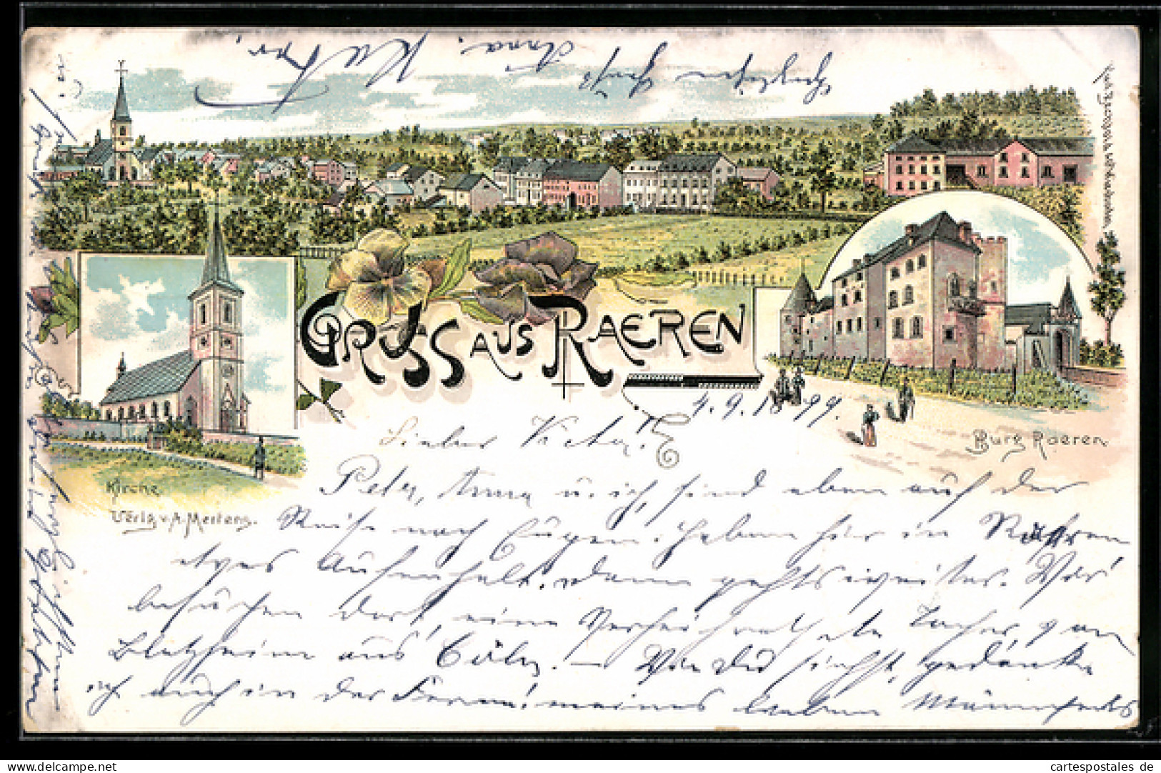 Lithographie Raeren, Burg Raeren, Kirche, Ortspanorama