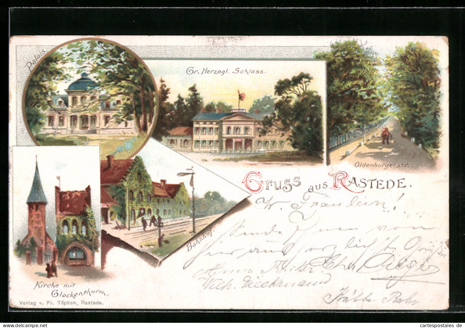 Lithographie Rastede, Kirche mit Glockenturm, Oldenburgerstr. und Bahnhof