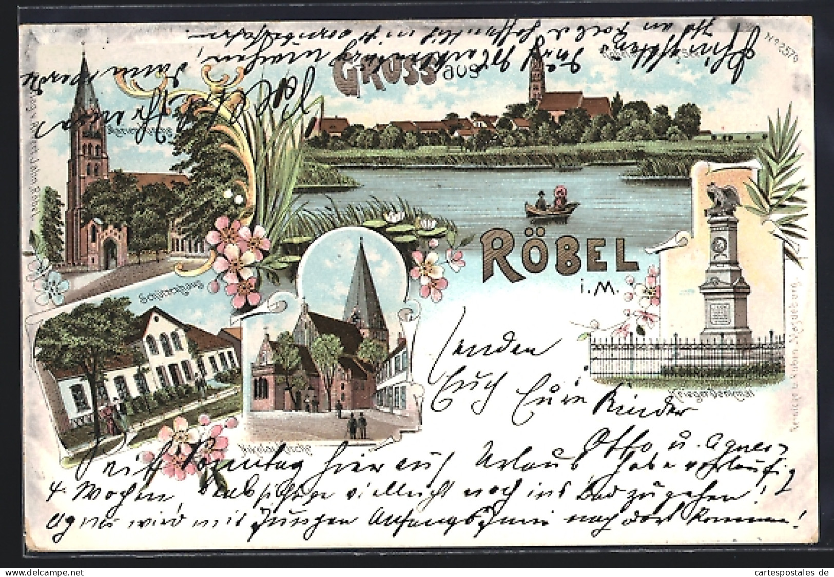 Lithographie Röbel i.M., Restaurant Schützenhaus, Kriegerdenkmal