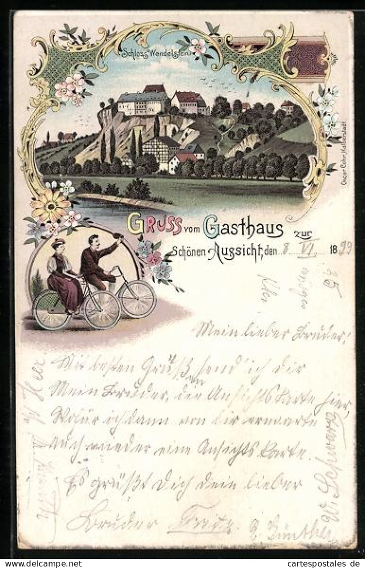 Lithographie Rossleben, Gasthaus zur Schönen Aussicht mit Schloss Wendelstein