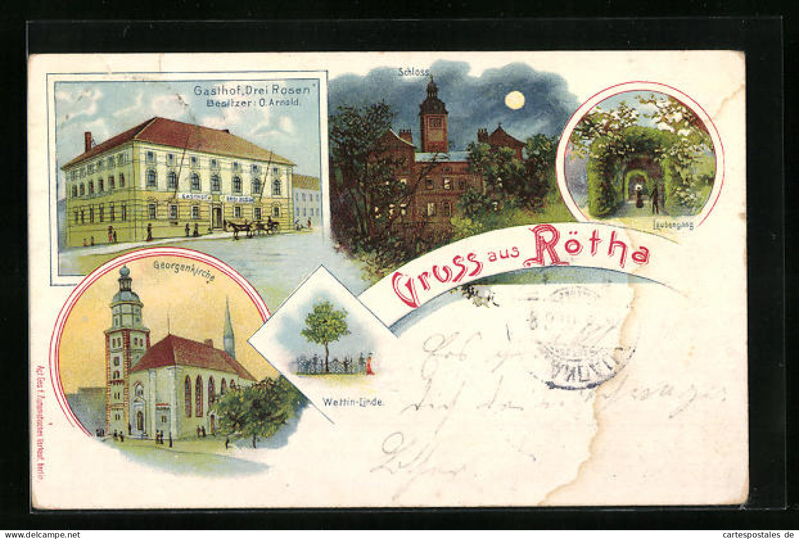 Lithographie Rötha, Gasthof Drei Rosen, Schloss bei Mondschein, Georgenkirche