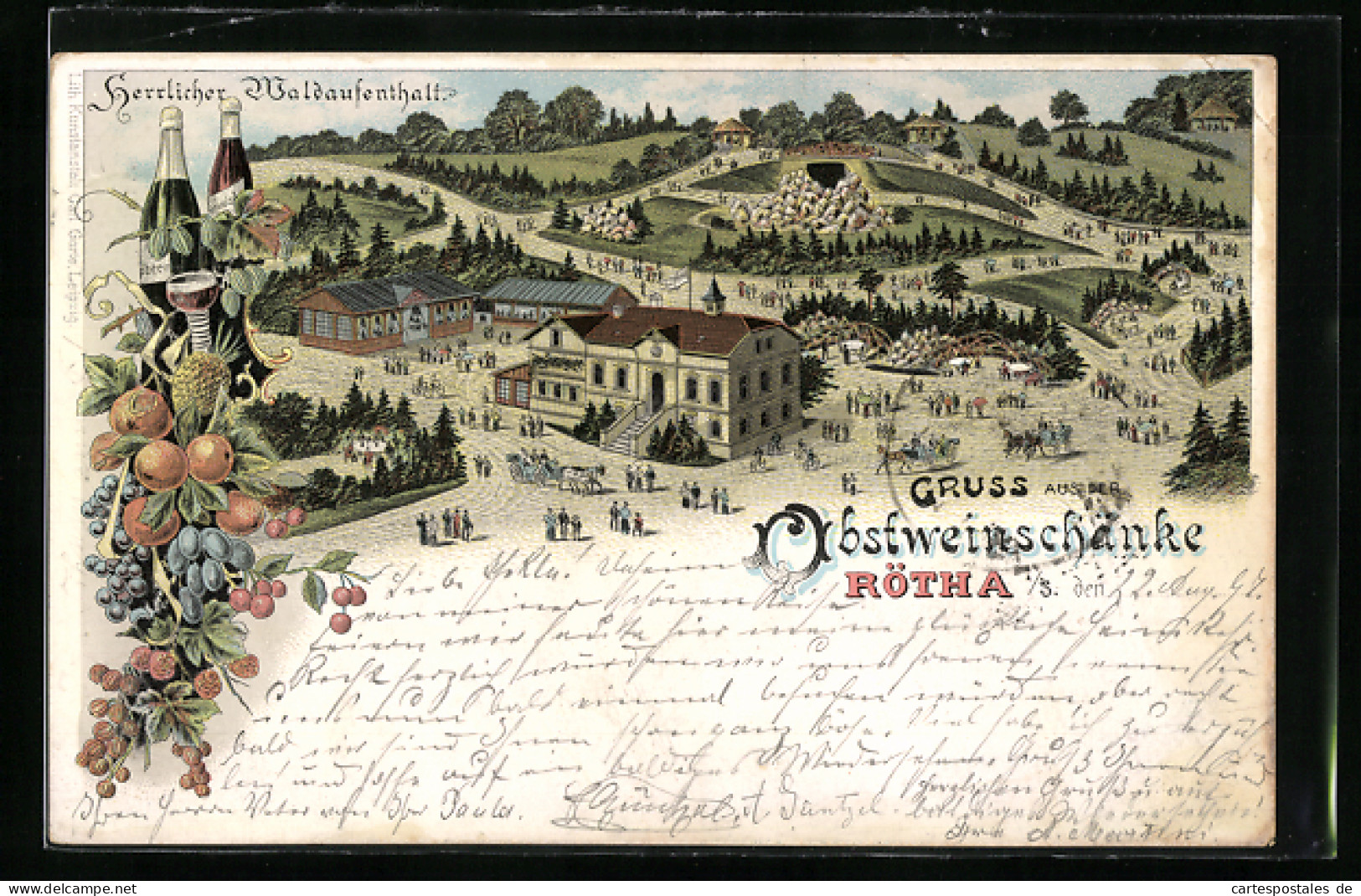 Lithographie Rötha i. S., Obstweinschenke mit Umgebung, Motiv mit Früchten und Wein