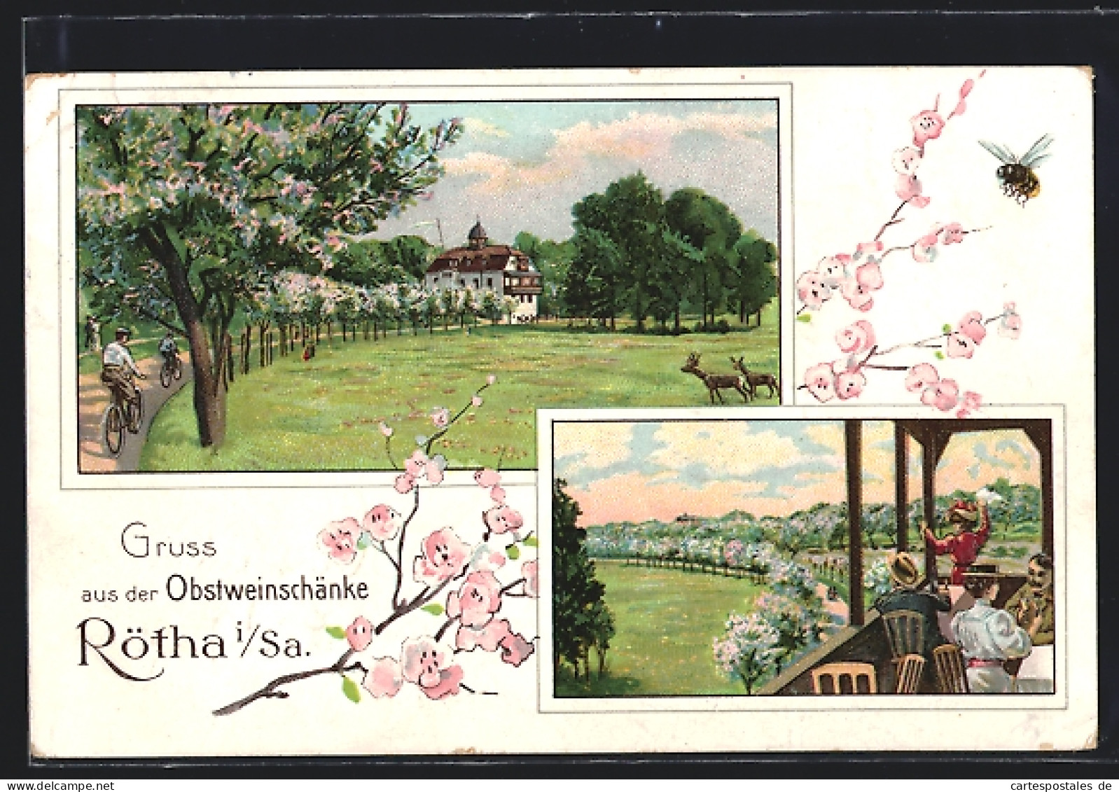 Lithographie Rötha i. Sa., Obstweinschänke, Allee mit blühenden Obstbäumen