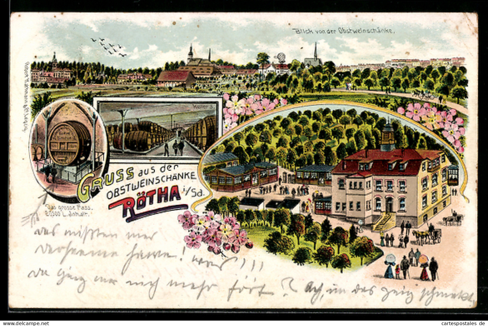 Lithographie Rötha, Restaurant Obstweinschänke mit Gesamtansicht