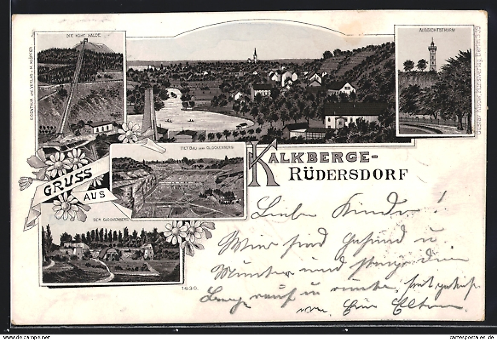 Lithographie Rüdersdorf, Kalkberge - Hohe Halde, Tiefbau vom Glockenberg, Ortsansicht