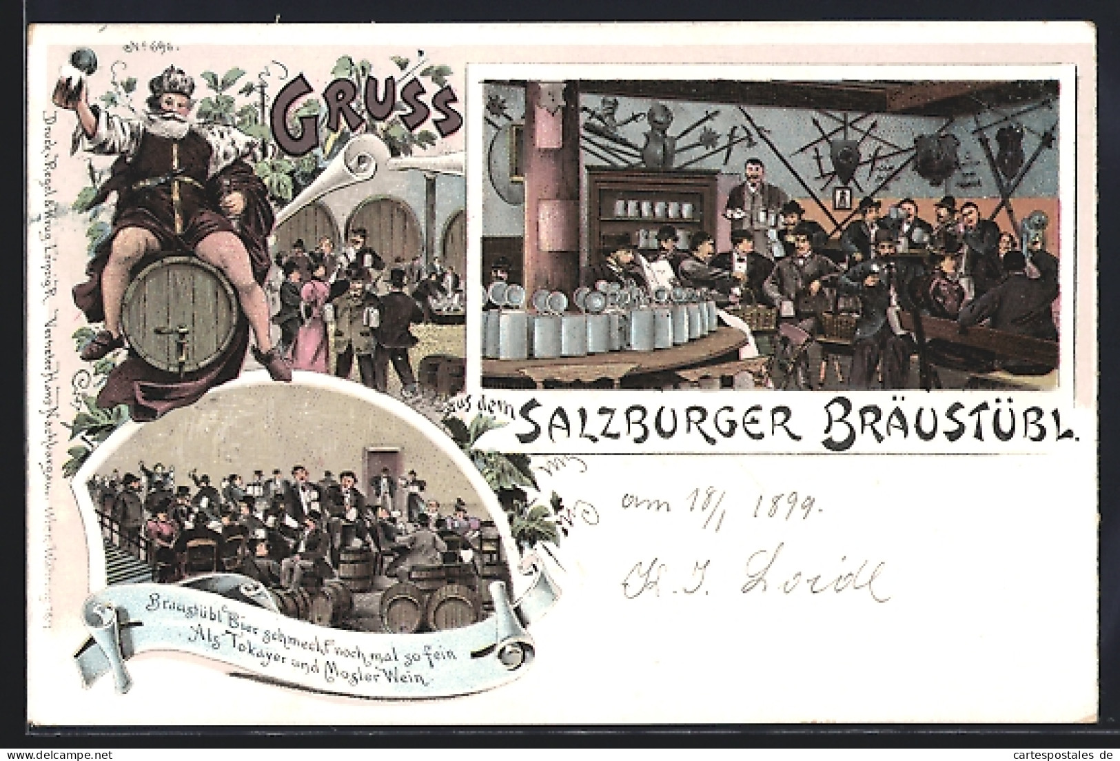 Lithographie Salzburg, Szenen aus dem Bräustübl, Bierkönig
