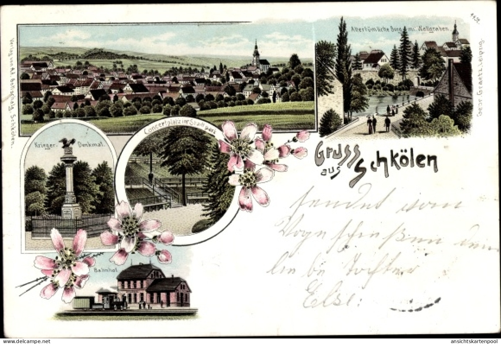 Lithographie Schkölen in Thüringen, Kriegerdenkmal, Bahnhof, Konzertplatz, Burg, Hellgraben, Gesamtansicht