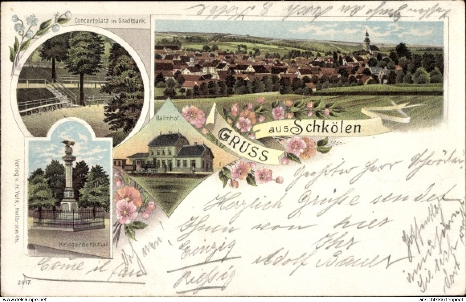 Lithographie Schkölen in Thüringen, Totalansicht der Ortschaft, Bahnhof, Kriegerdenkmal