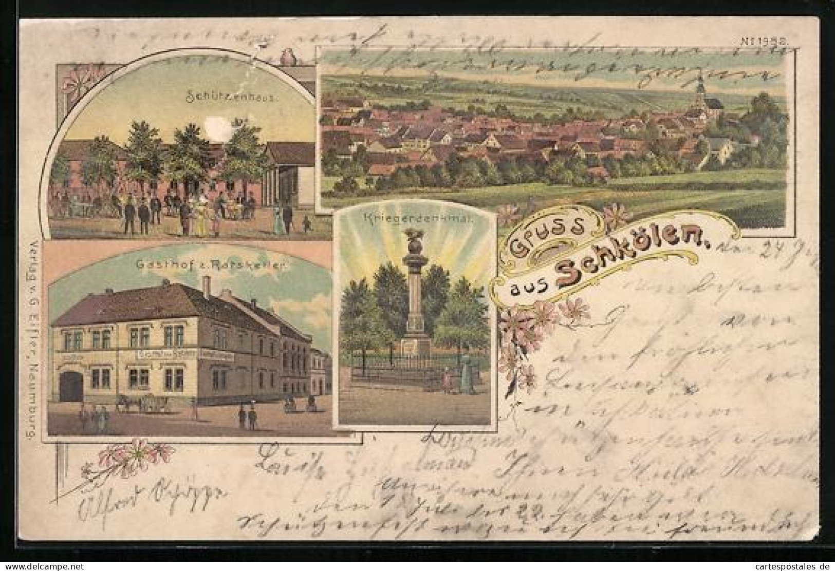 Lithographie Schkölen / Thür., Gasthof zum Ratskeller, Schützenhaus und Kriegerdenkmal