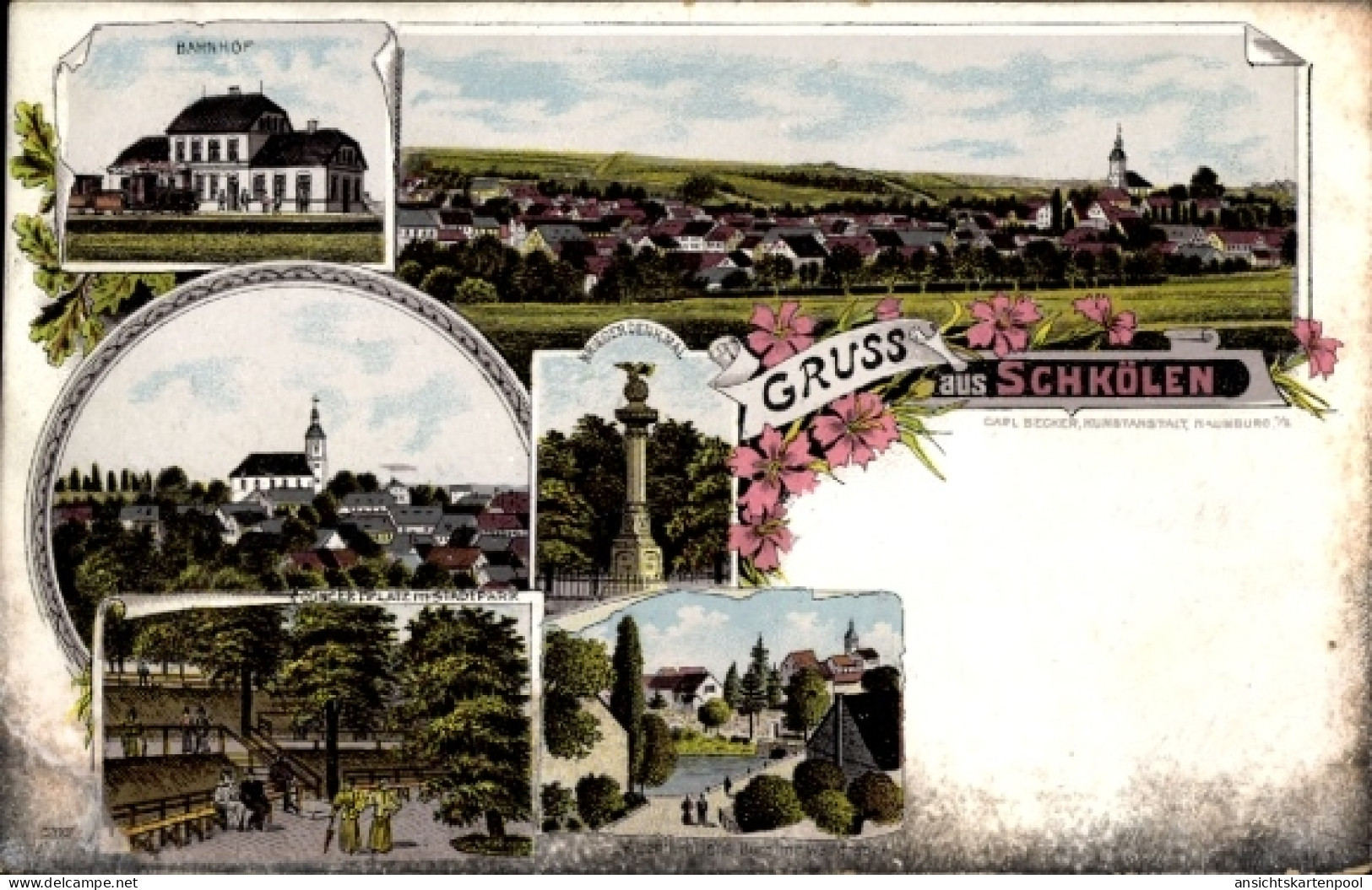 Lithographie Schkölen Thüringen, Bahnhof, Kirche, Konzertplatz im Stadtpark, Kriegerdenkmal, Gesamtansicht