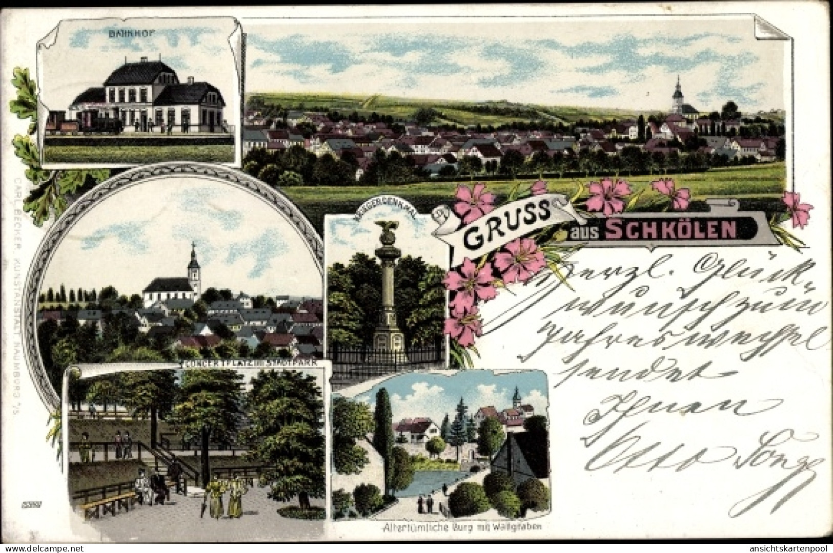 Lithographie Schkölen Thüringen, Bahnhof, Kirche, Konzertplatz im Stadtpark, Kriegerdenkmal, Totale vom Ort