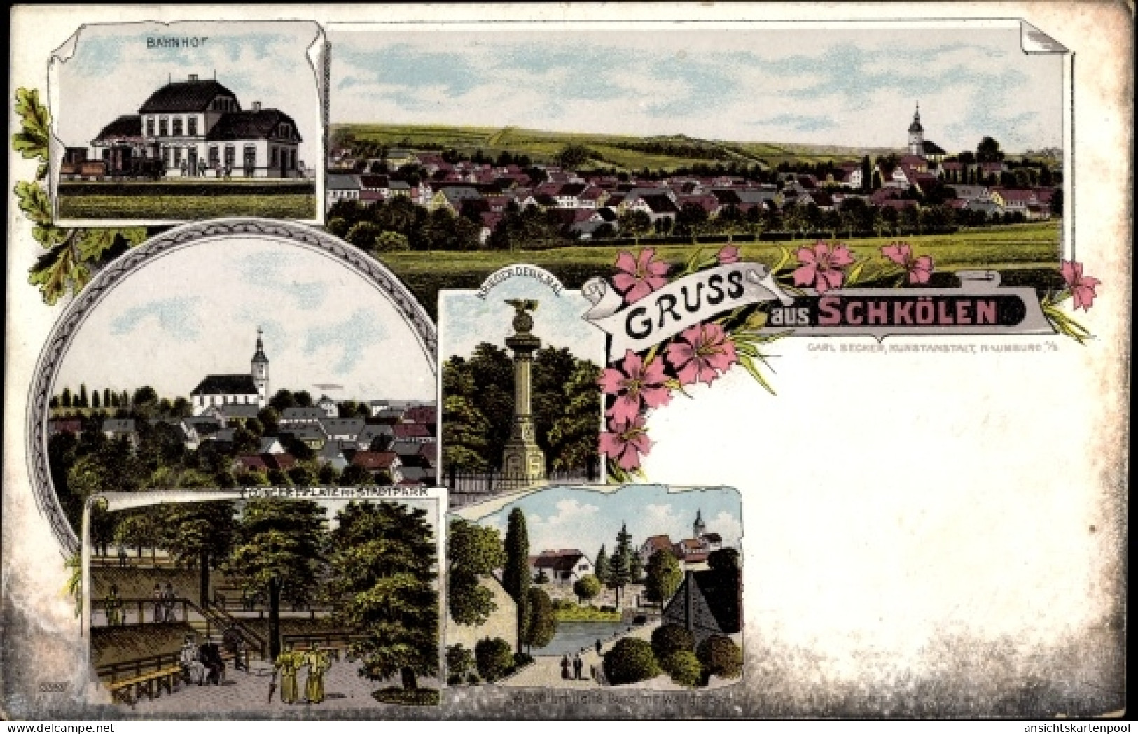 Lithographie Schkölen Thüringen, Bahnhof, Kirche, Konzertplatz im Stadtpark, Kriegerdenkmal, Totale vom Ort
