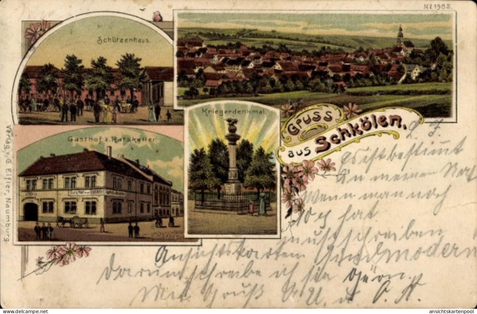 Lithographie Schkölen Thüringen, Schützenhaus, Gasthof zum Ratskeller, Kriegerdenkmal