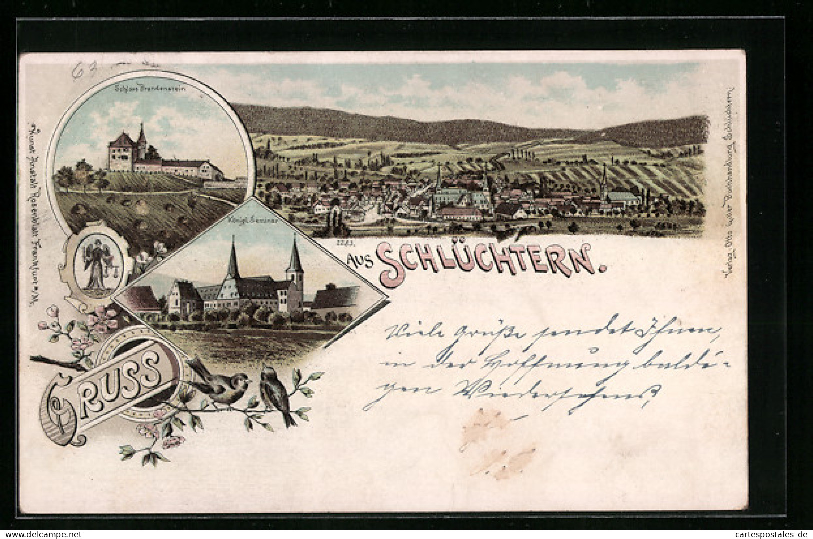Lithographie Schlüchtern, Teilansicht, Schloss Brandenstein, Königliches Seminar