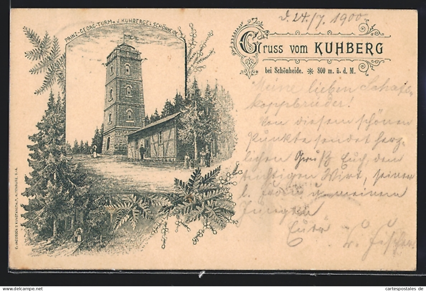 Lithographie Schönheide / Erzg., Prinz-Georg-Turm auf dem Kuhberg