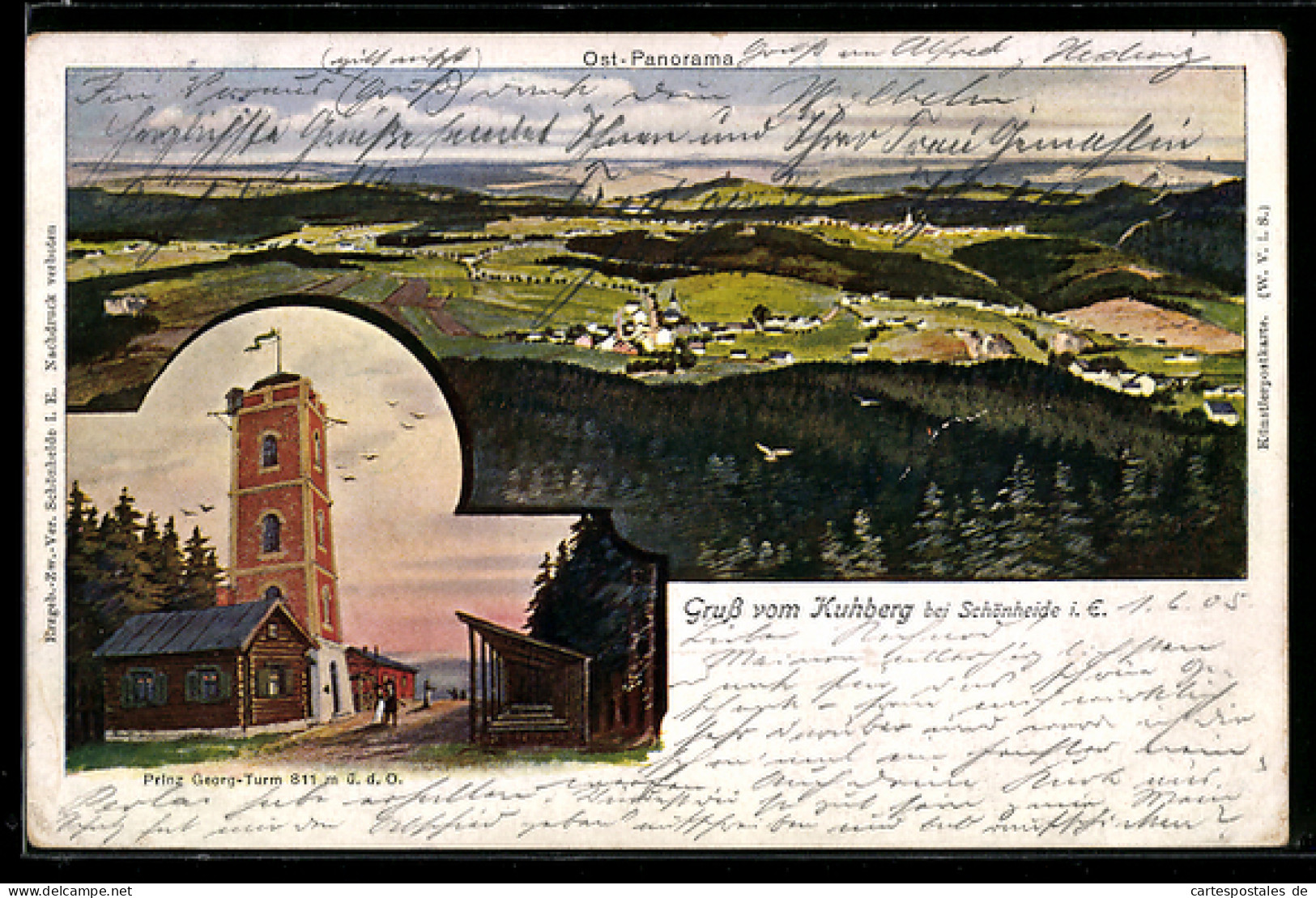 Lithographie Schönheide, Ost-Panorama, Prinz Georg-Turm