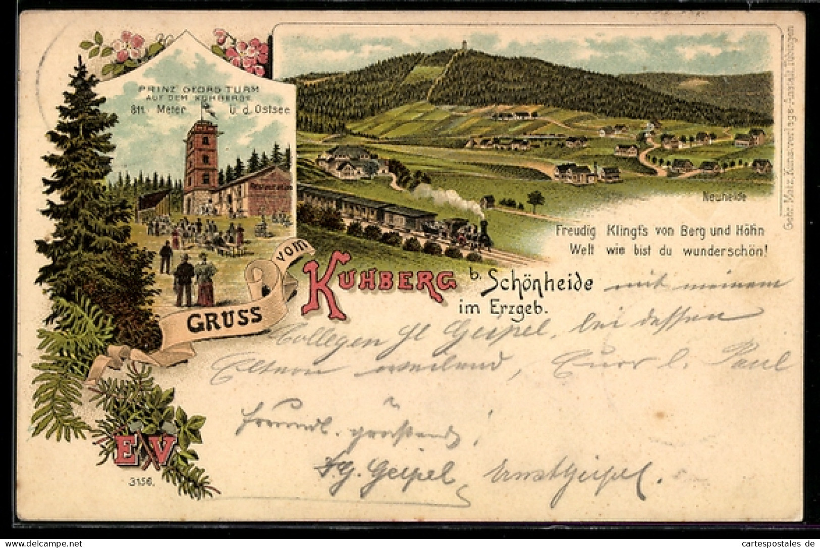 Lithographie Schönheide, Prinz Georg Turm auf dem Kuhberg, Totalansicht