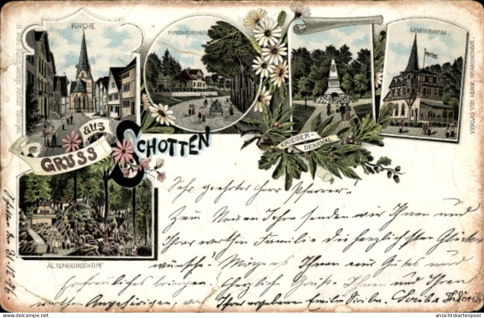 Lithographie Schotten im Vogelsbergkreis Hessen, Kirche, Lehrerheim, Kriegerdenkmal