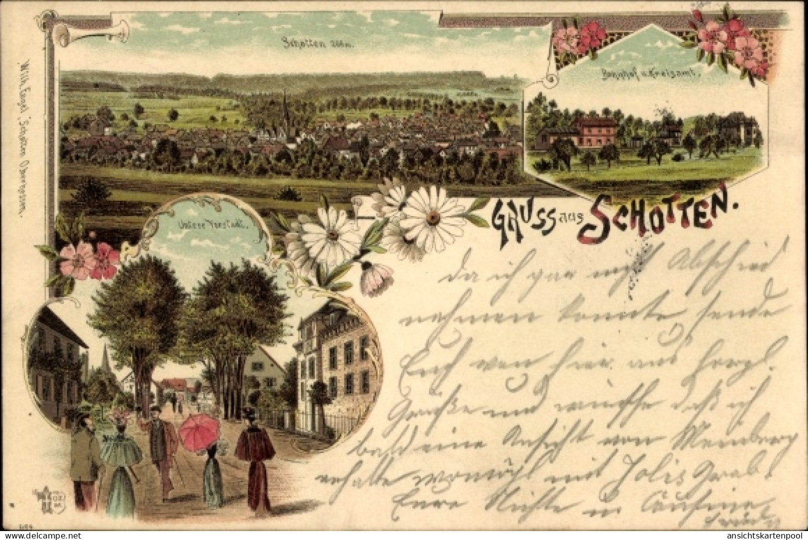 Lithographie Schotten im Vogelsbergkreis Hessen, Panorama, Bahnhof, Kreisamt, Untere Vorstadt