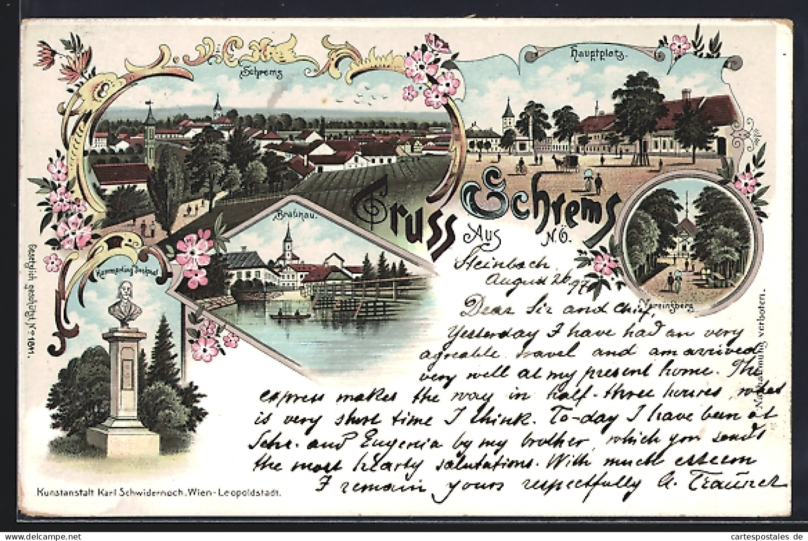 Lithographie Schrems /N.Ö., Hammerling-Denkmal, Hauptplatz, Vereinsberg, Ortsansicht