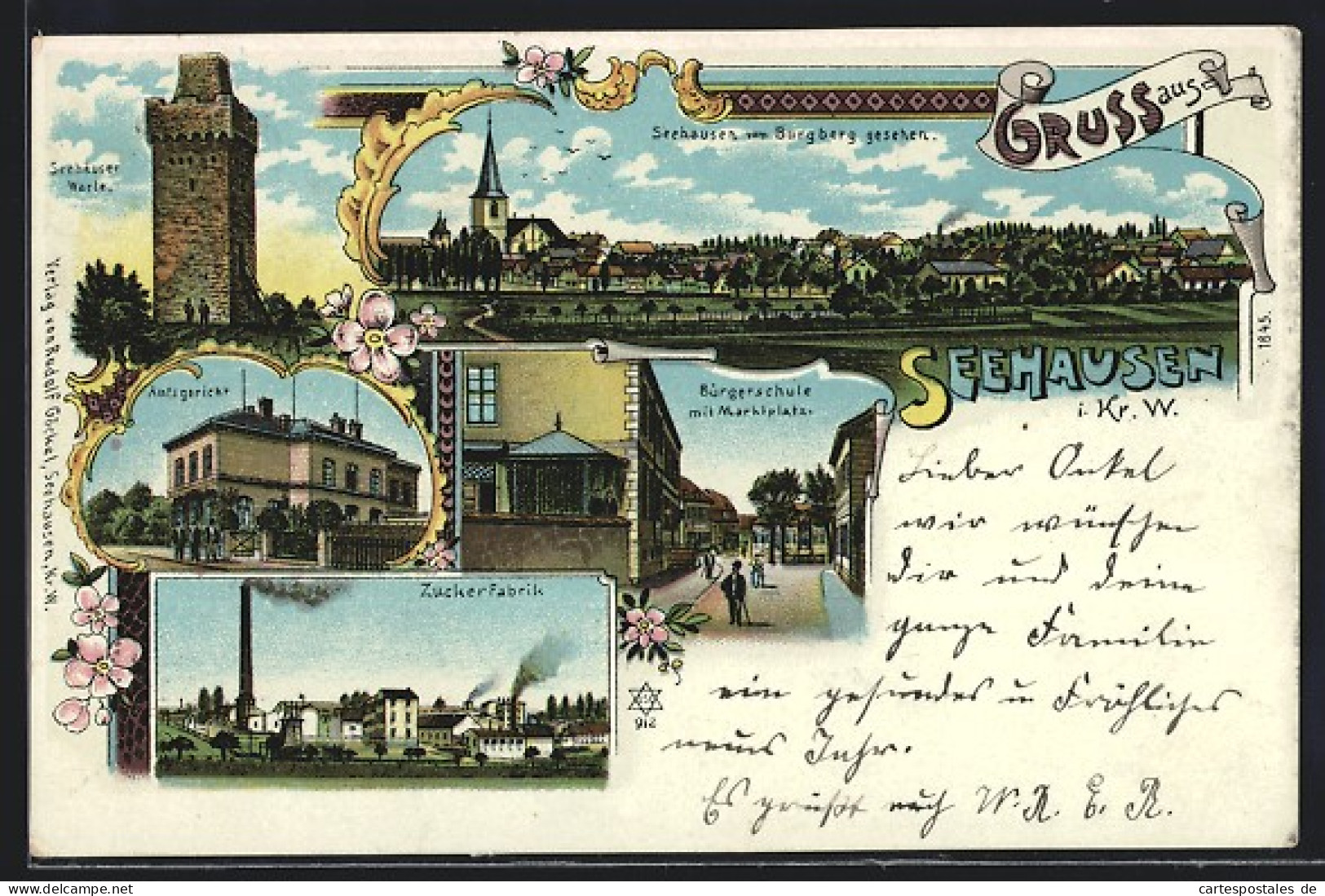 Lithographie Seehausen / Wanzleben, Warte, Amtsgericht, Zuckerfabrik, Bürgerschule