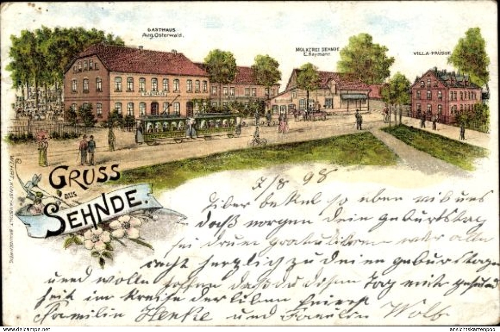 Lithographie Sehnde in Niedersachsen, Gasthaus, Villa, Molkerei, Straßenbahn