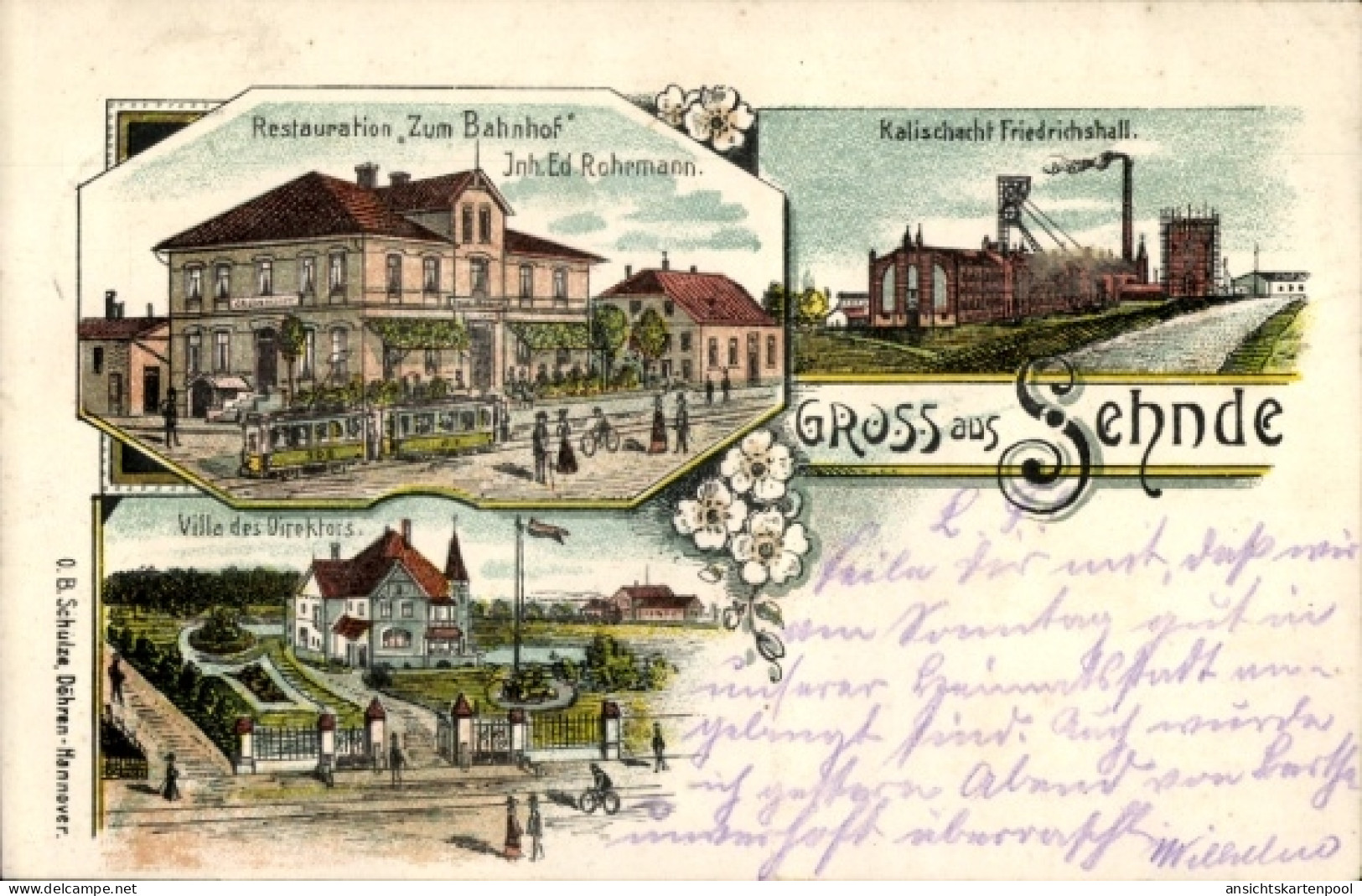 Lithographie Sehnde in Niedersachsen, Restauration Zum Bahnhof, Kalischacht Friedrichshall, Villa