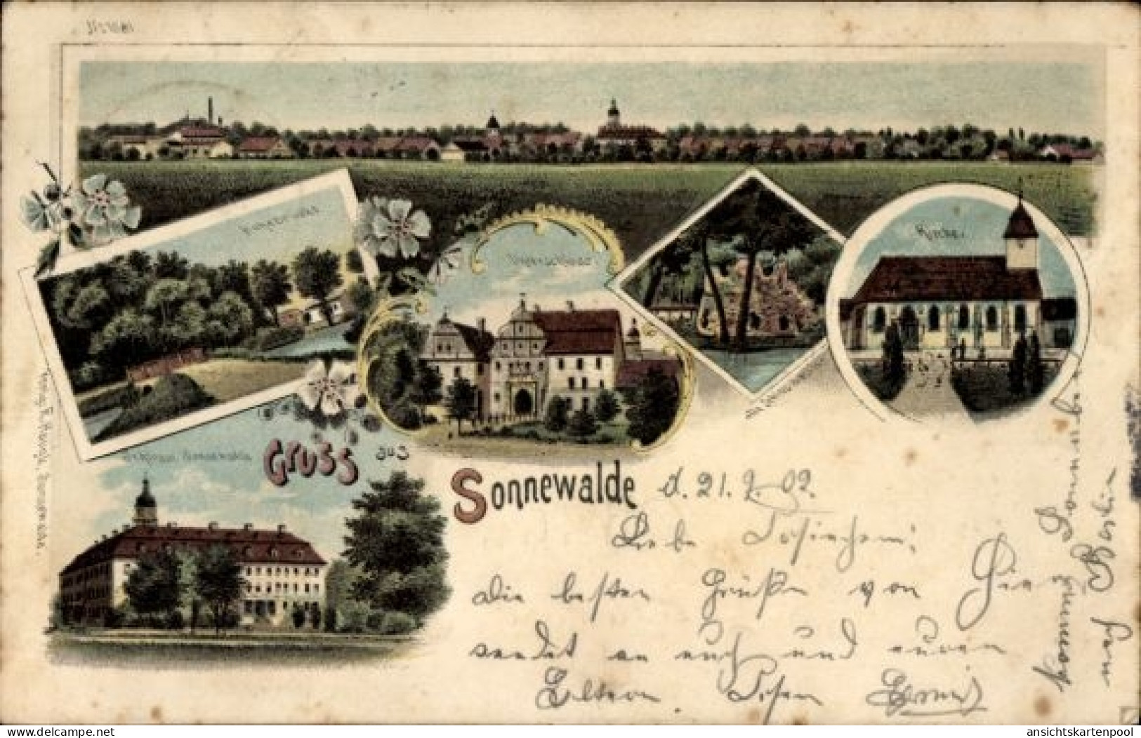 Lithographie Sonnewalde in der Niederlausitz, Gesamtansicht, Schloss, Kirche