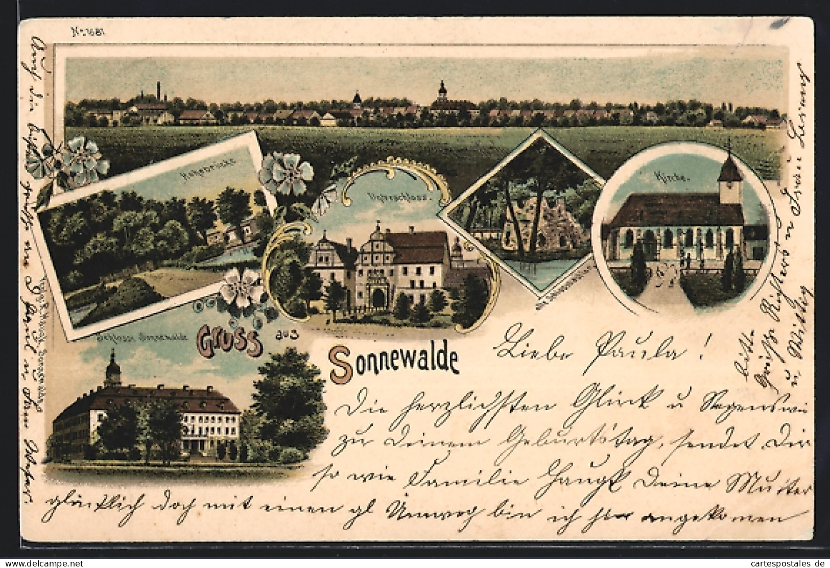 Lithographie Sonnewalde, Kirche, Unterschloss, Hohebrücke