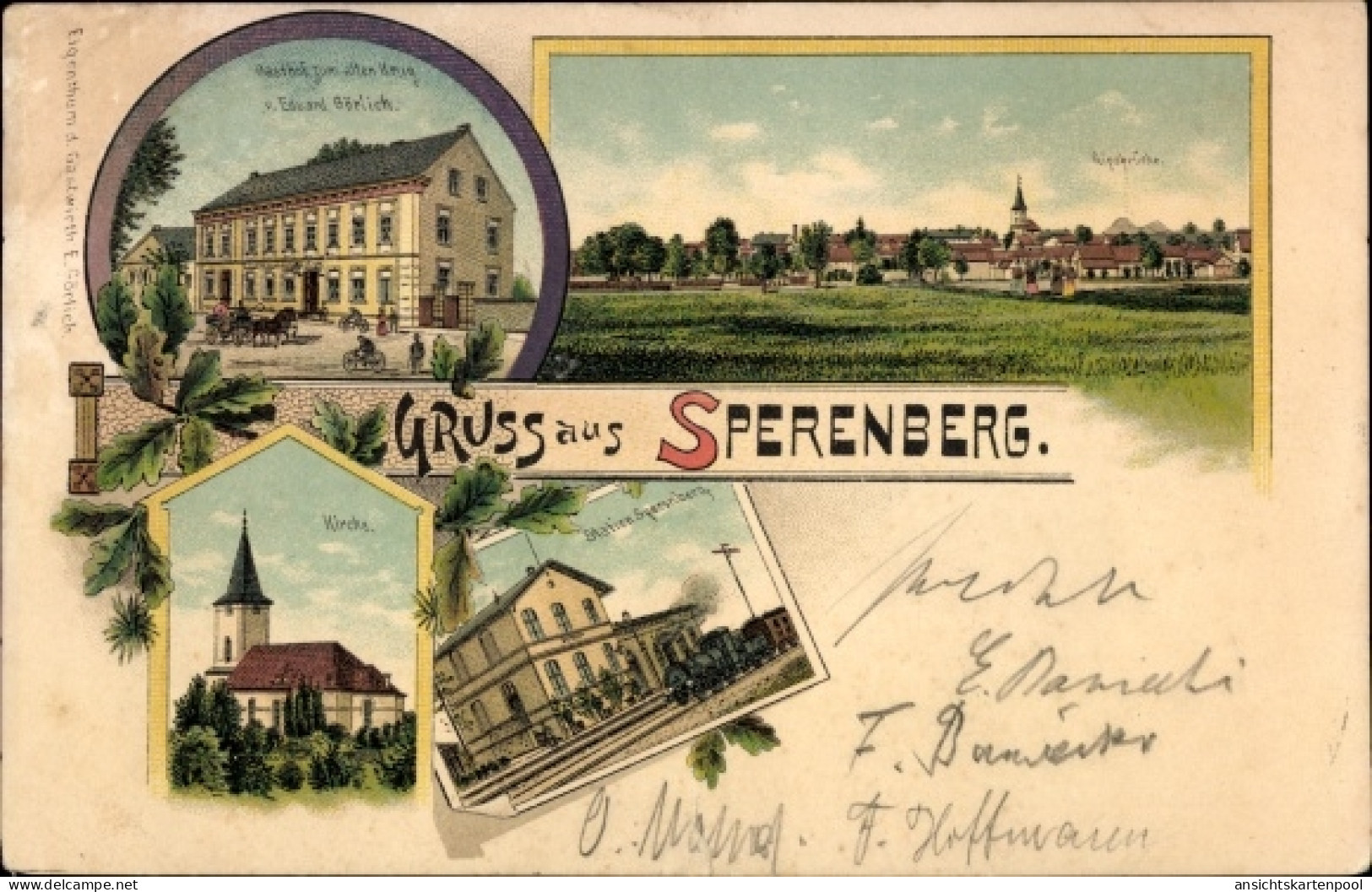 Lithographie Sperenberg am Mellensee Brandenburg, Gasthof zum alten Krug, Gesamtansicht, Bahnhof, Kirche