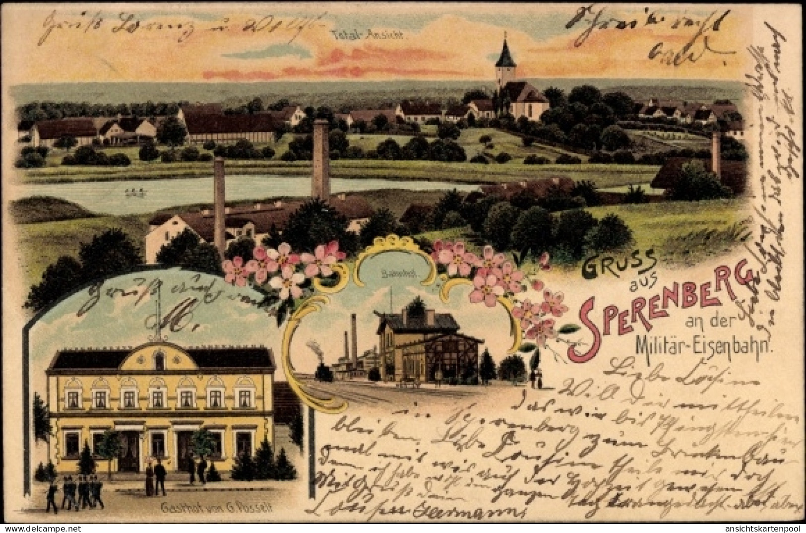 Lithographie Sperenberg an der Militärbahn Mellensee Brandenburg, Bahnhof, Gasthof G. Posselt, Panorama