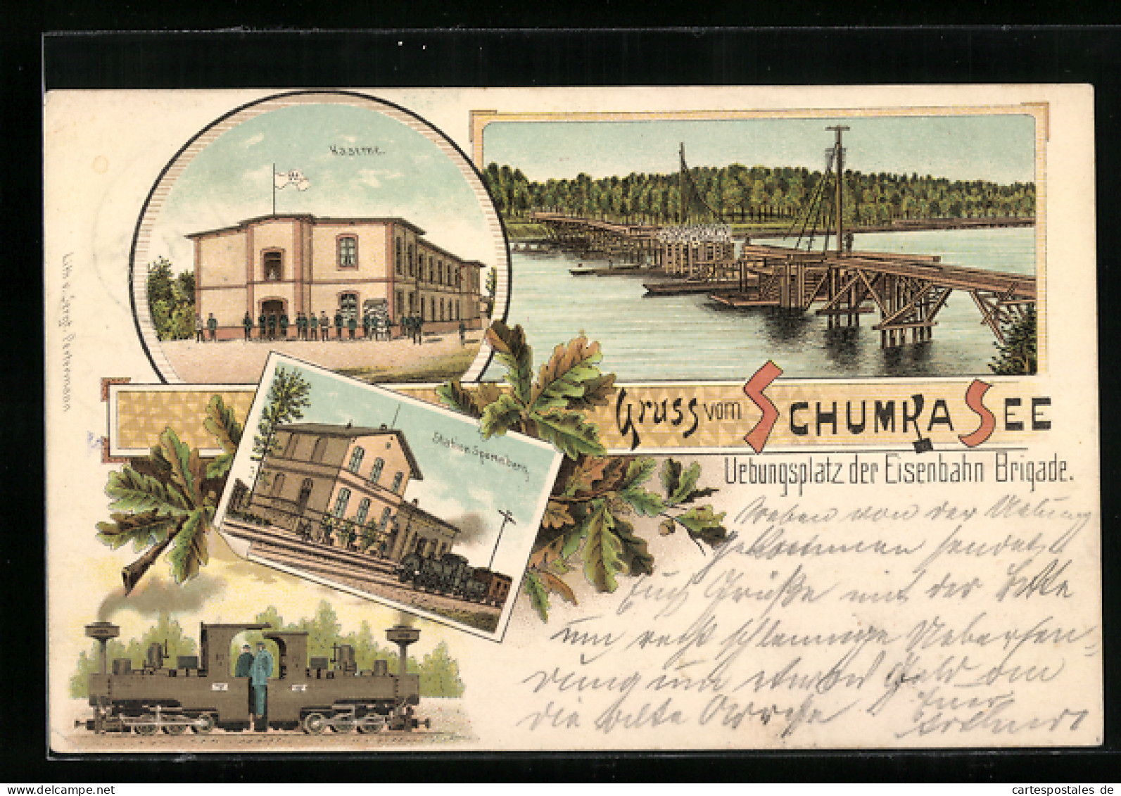 Lithographie Sperenberg, Übungsplatz der Eisenbahn-Brigade mit Kaserne, Schumka See, Bahnhof und Holzbrücke im Bau