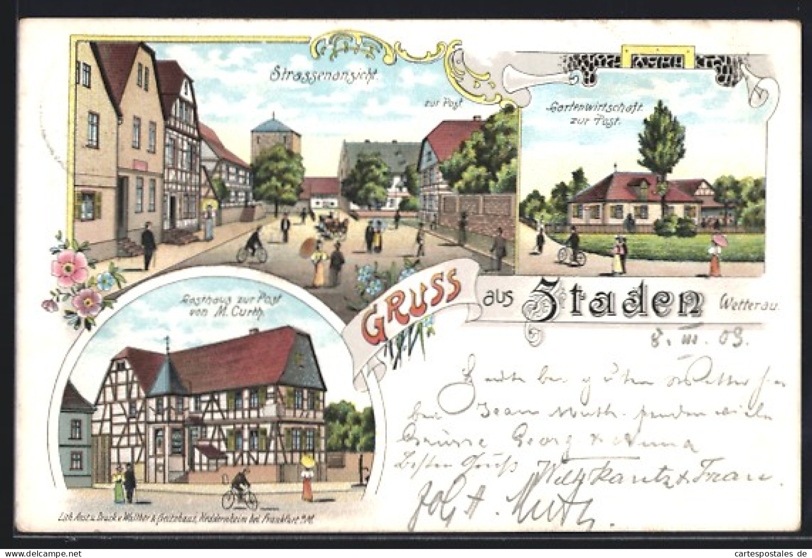 Lithographie Staden i. Wetterau, Gasthaus zur Post, Strassenansicht