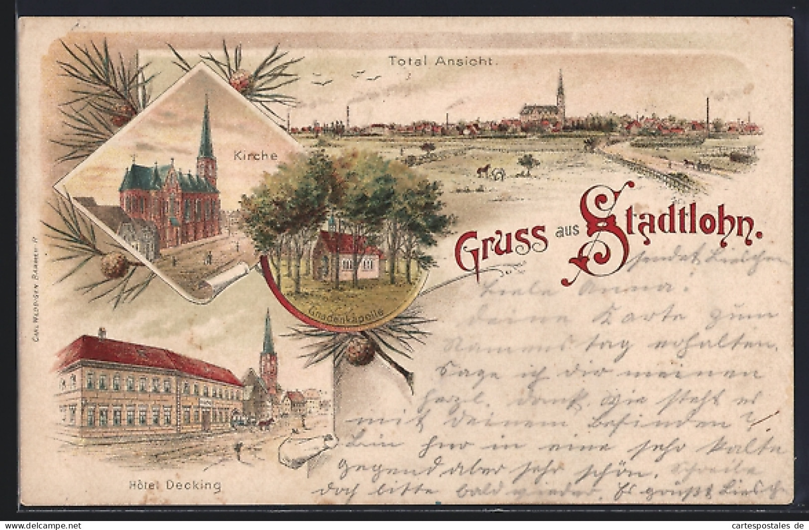 Lithographie Stadtlohn, Hotel Decking, Kirche, Panorama