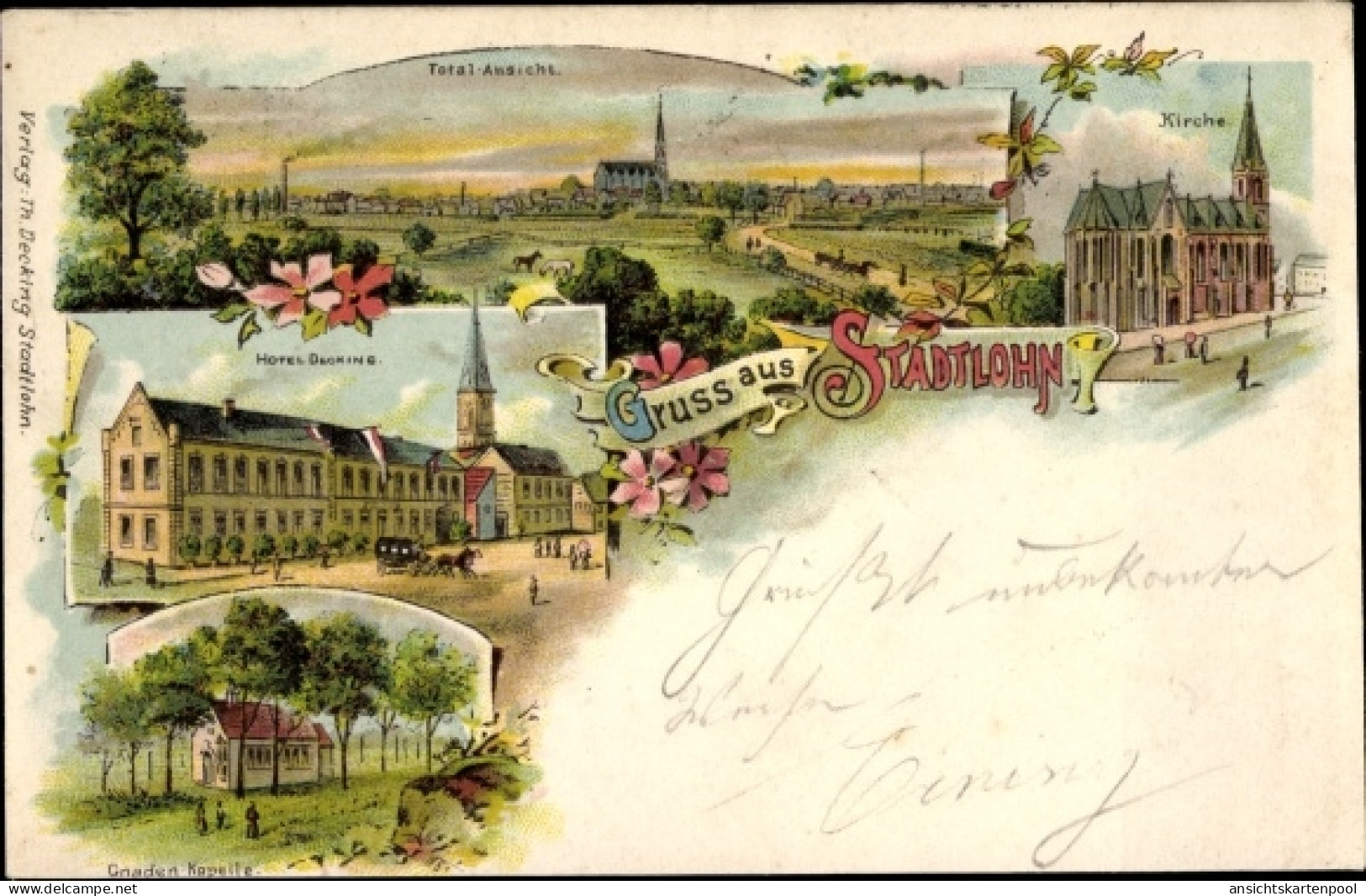 Lithographie Stadtlohn im Münsterland, Stadtpanorama, Hotel Decking, Gnaden Kapelle, Kirche