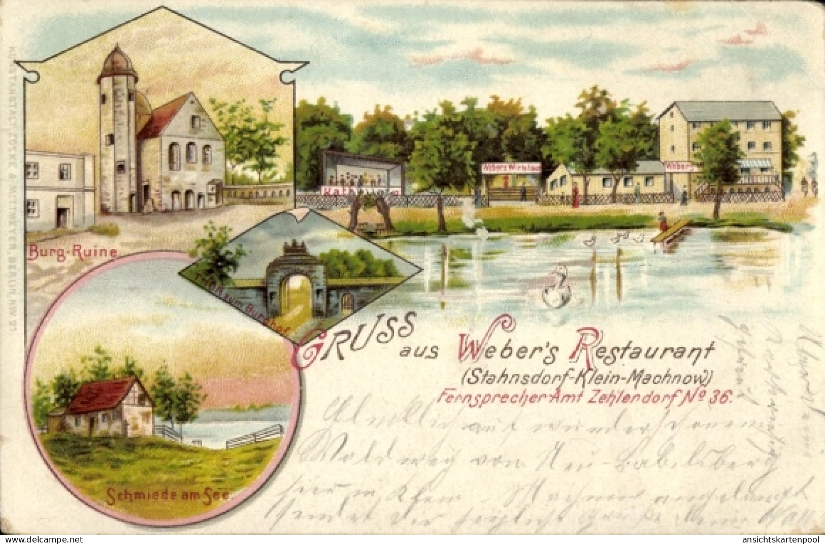 Lithographie Stahnsdorf Kleinmachnow in Brandenburg, Weber's Restaurant, Burgruine, Schmiede am See