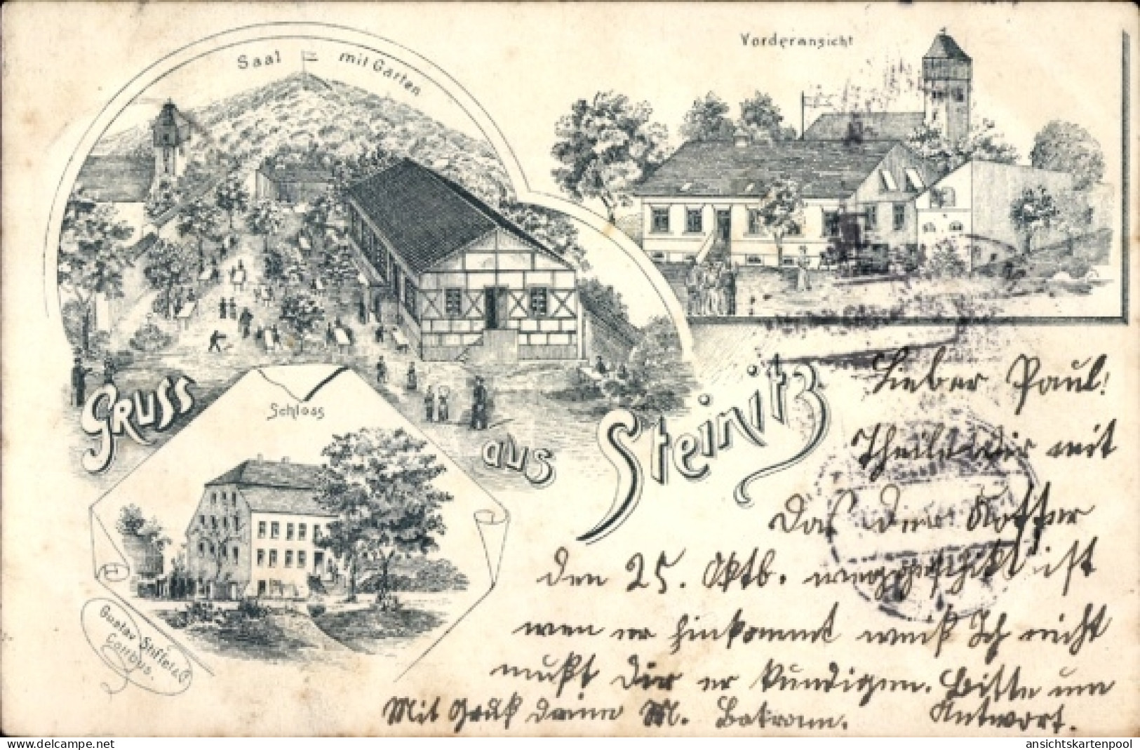 Lithographie Steinitz Šćeńc Domsdorf Drebkau in der Niederlausitz, Gasthaus, Schloss