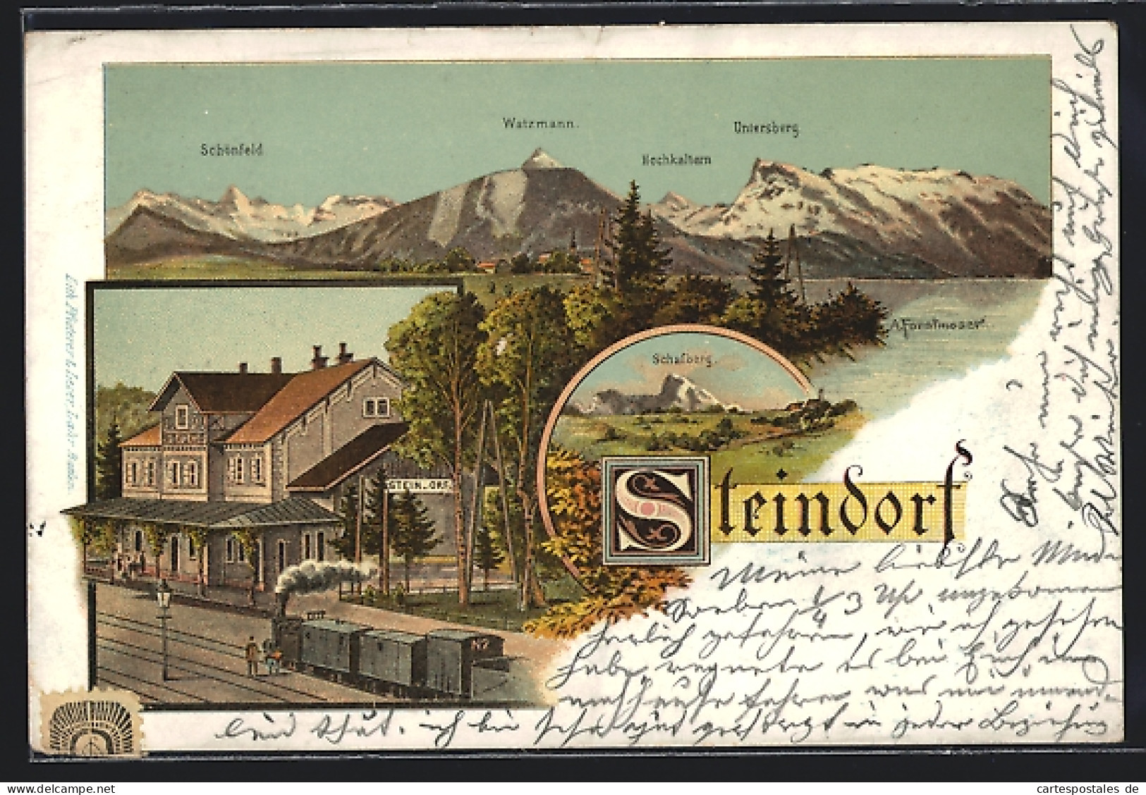 Lithographie Strasswalchen, Steindorf, Bahnhof mit Eisenbahn, Totalansicht mit Berglandschaft