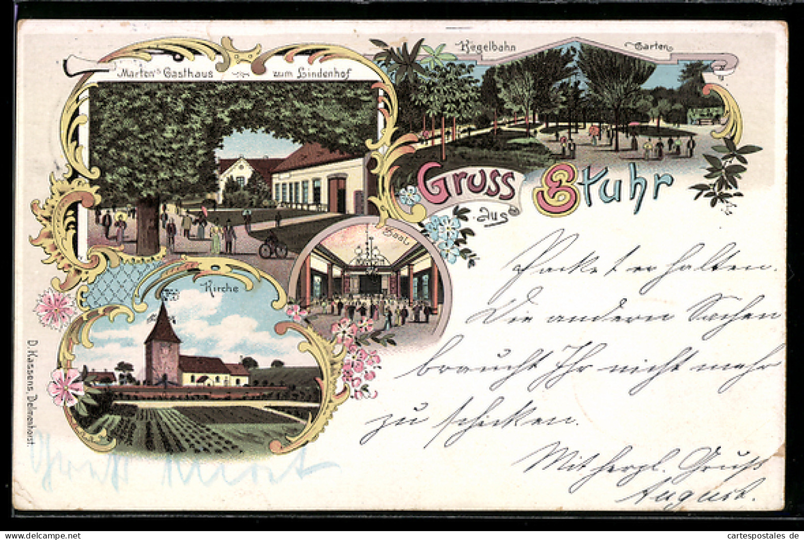 Lithographie Stuhr, Kirche, Marten's Gasthaus zum Lindenhof, Kegelbahn und Garten