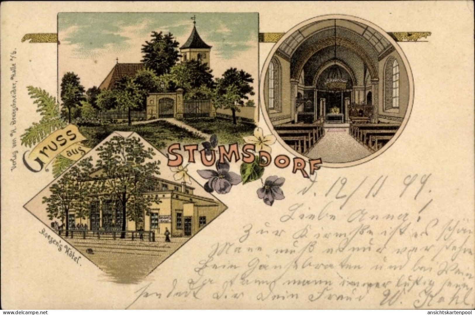 Lithographie Stumsdorf Zörbig Saxe Anhalt, Hotel, Kirche, Innenansicht