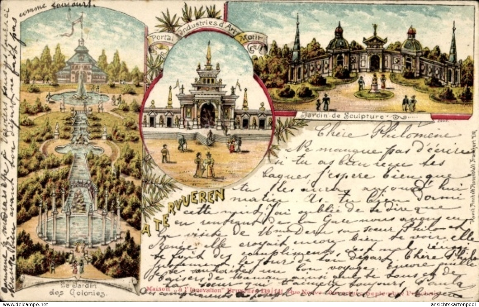 Lithographie Tervuren Tervueren Brabant Flamand Flandre, Jardin des Colonies, Jardin de Sculpture